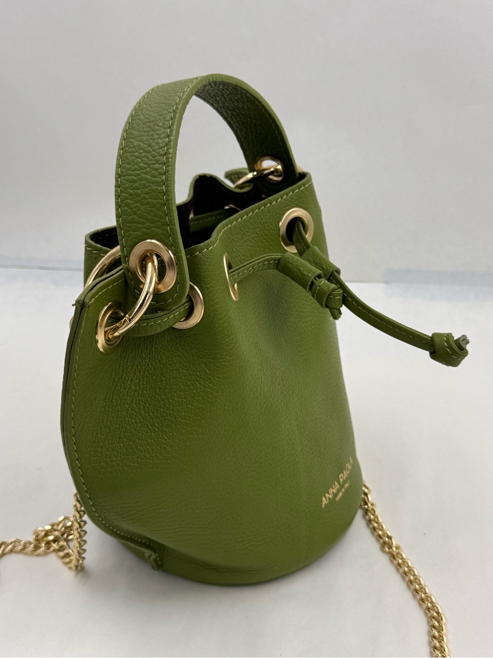 Anna Paola Gorgeous Green Leather Drawstring Bucket Bag, Made in Italy - Picture 4 of 16